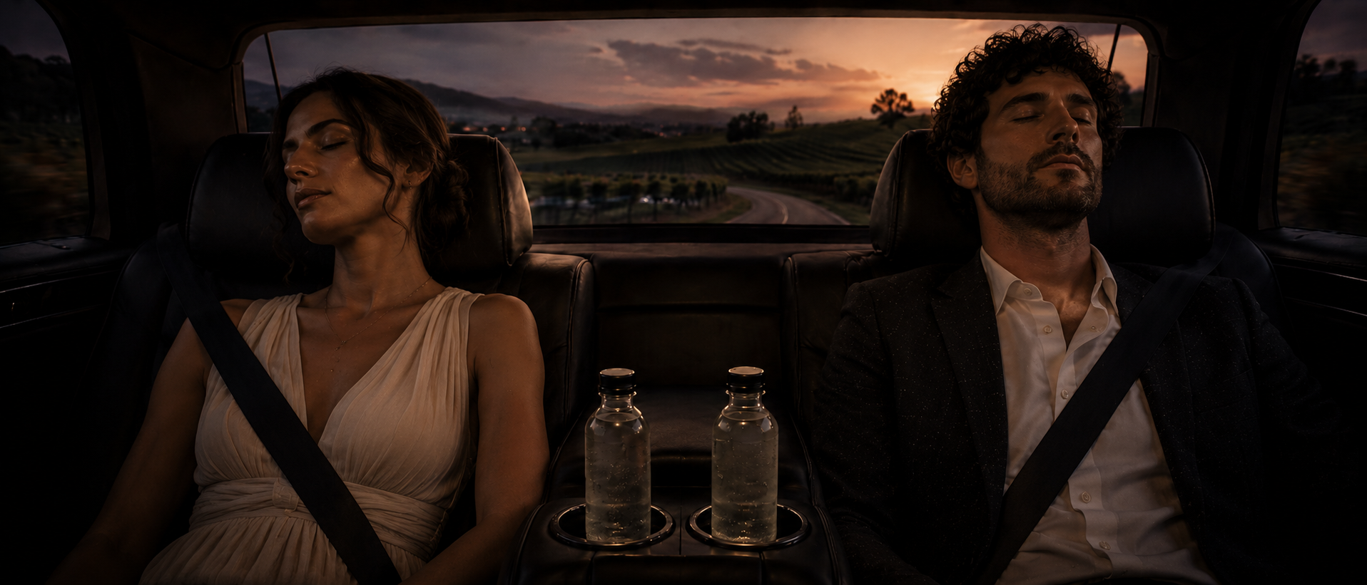 Two guests rest eyes-closed in the back of the luxury transport vehicle as dusk falls over the vineyard road, two condensation-ringed bottles in the console.